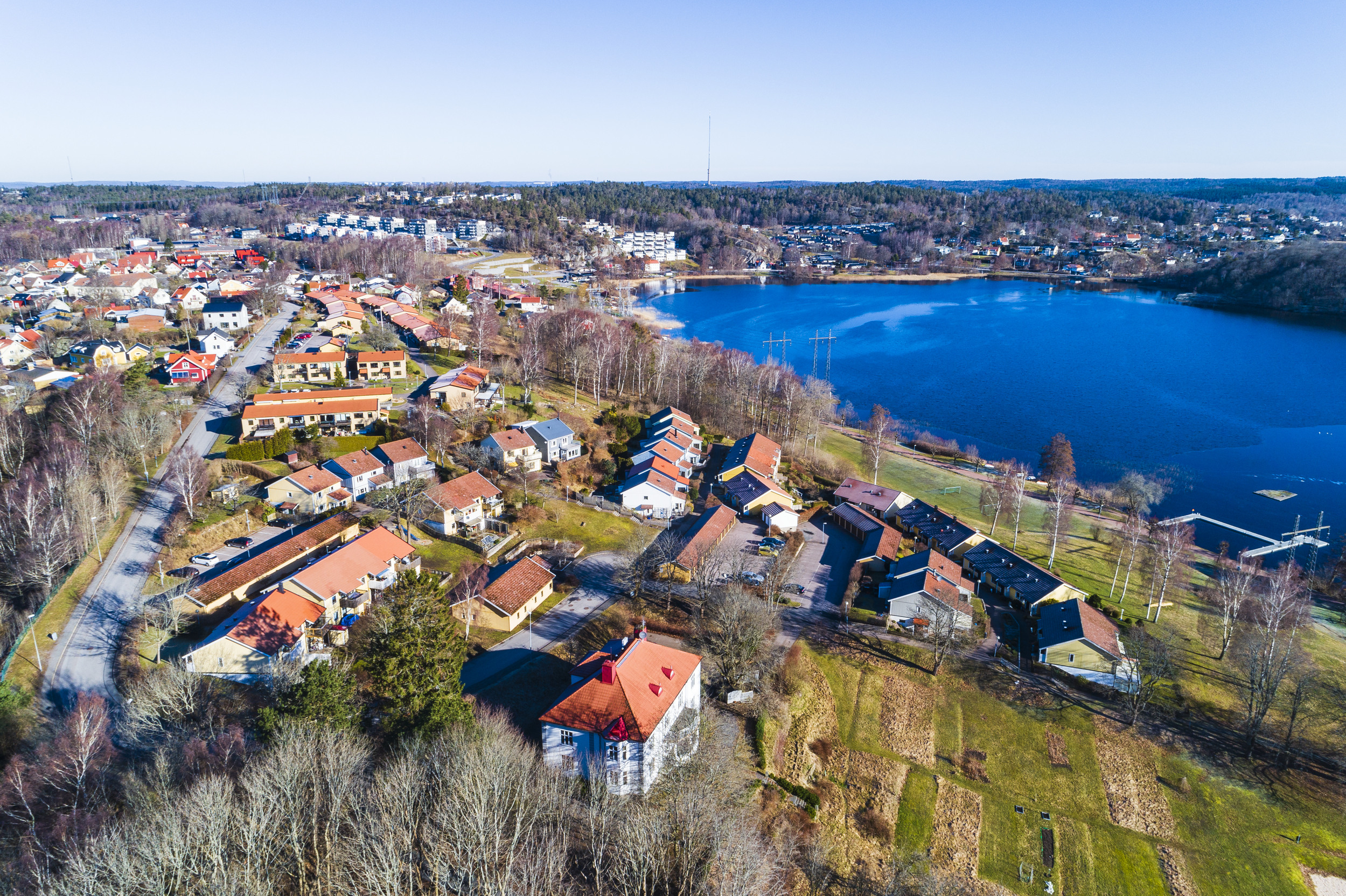 Ett fågelperspektiv av en liten stad vid vattnet