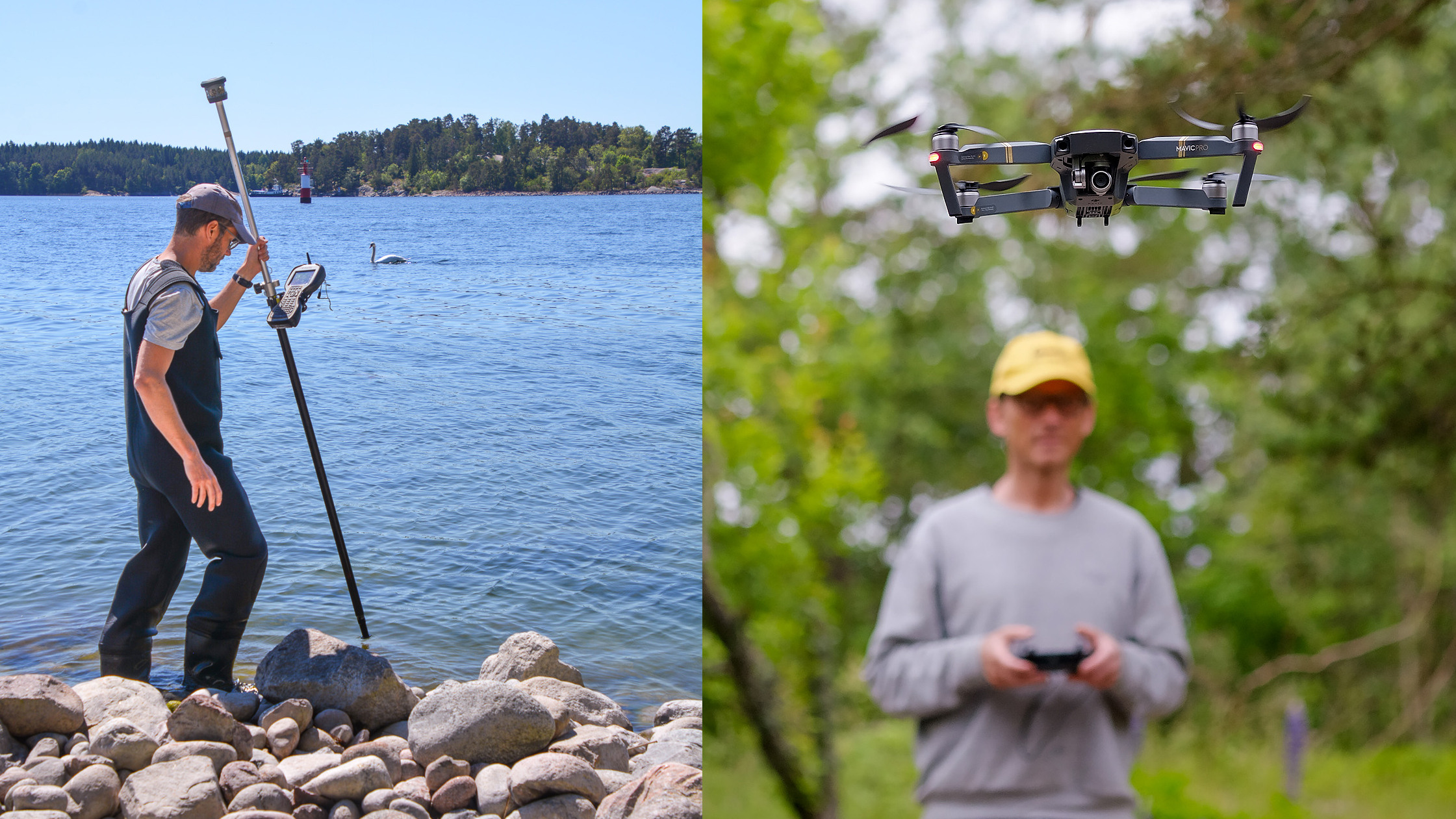 En man står bredvid en sjö och håller i en fjärrkontroll.