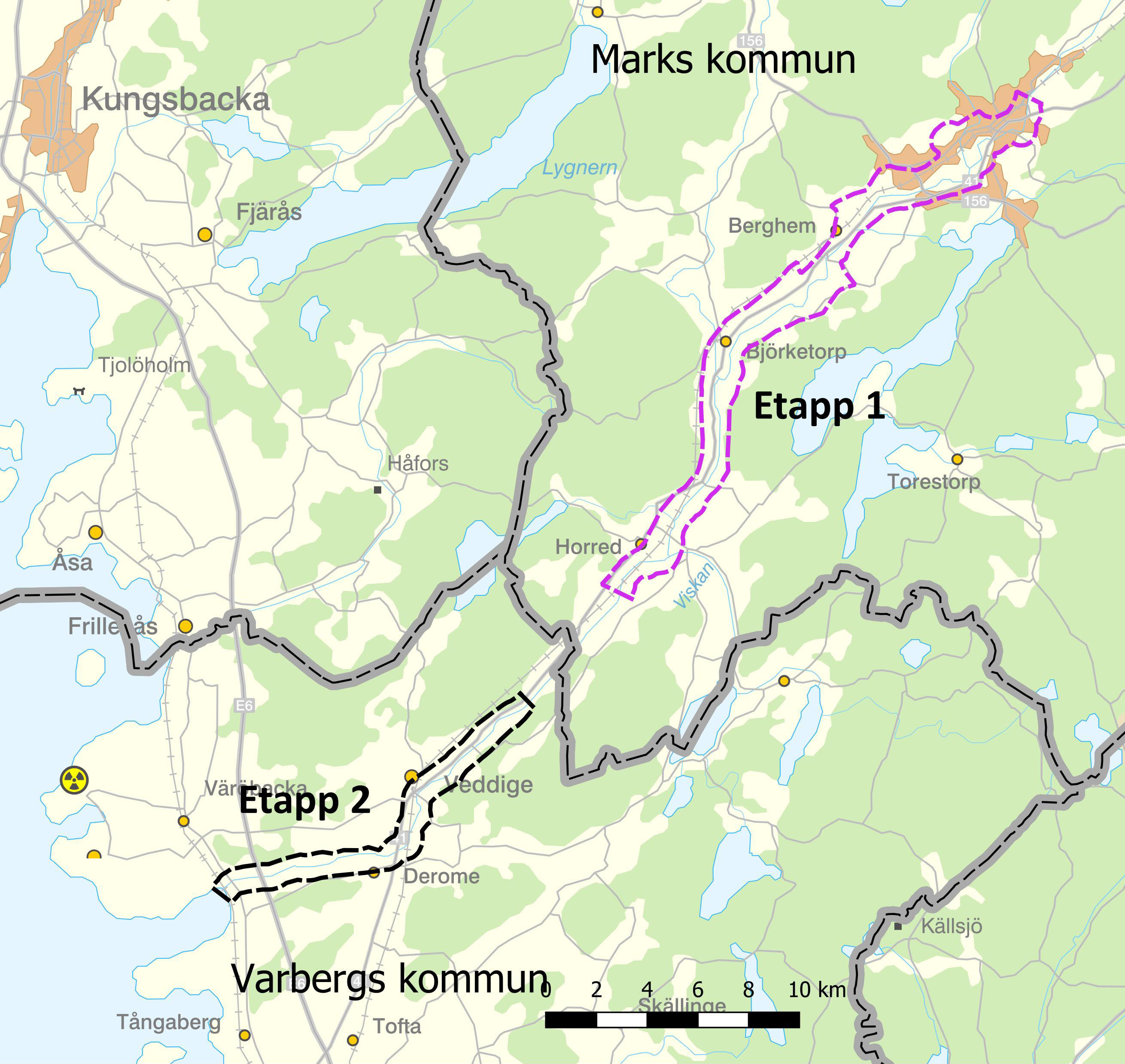 Områden längs Viskan som skredriskkarteras.