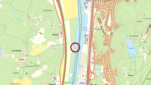 En karta med en röd cirkel i mitten.